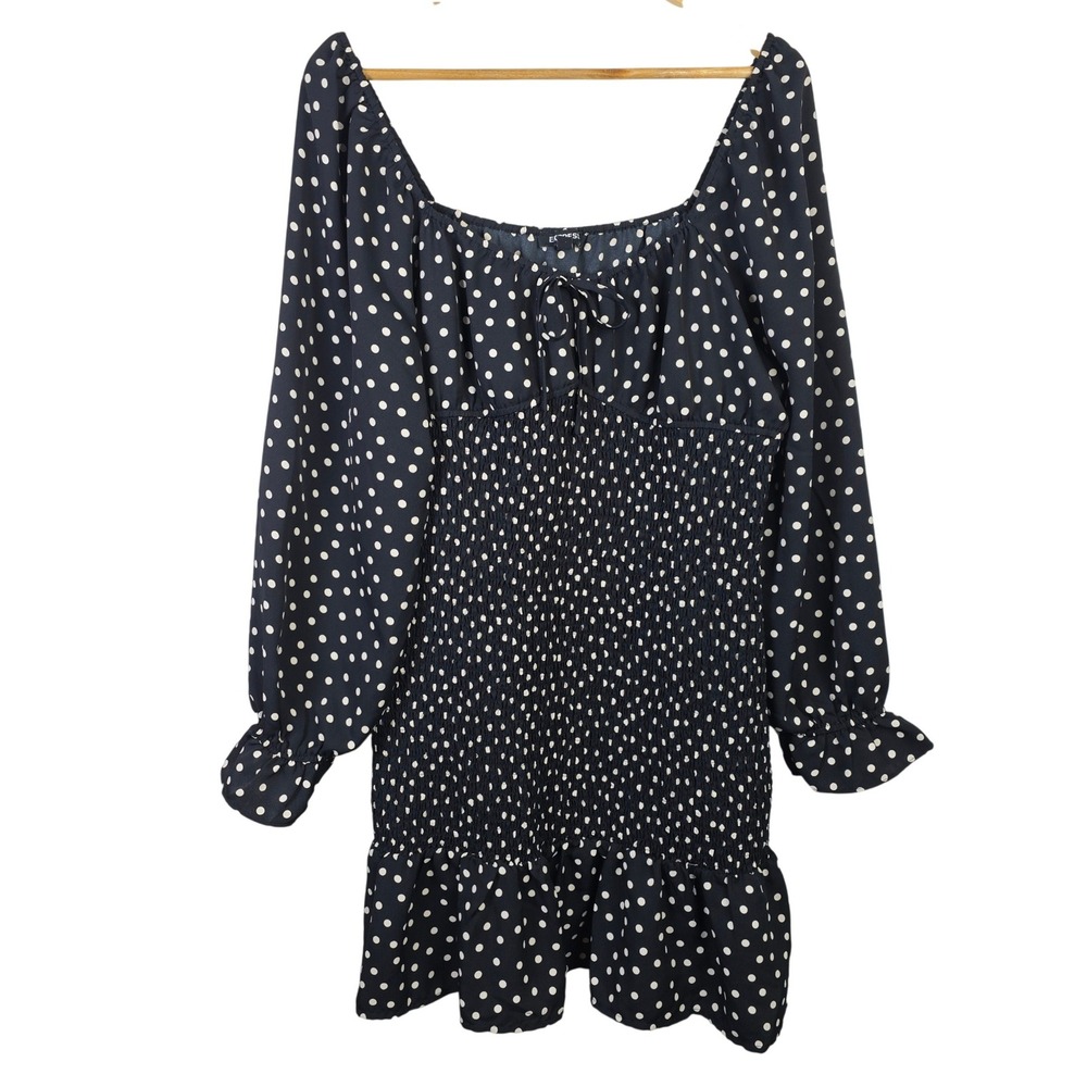Express Womens XL Black White Polka Dot Smocked Waist Puff Sleeve Mini Dress